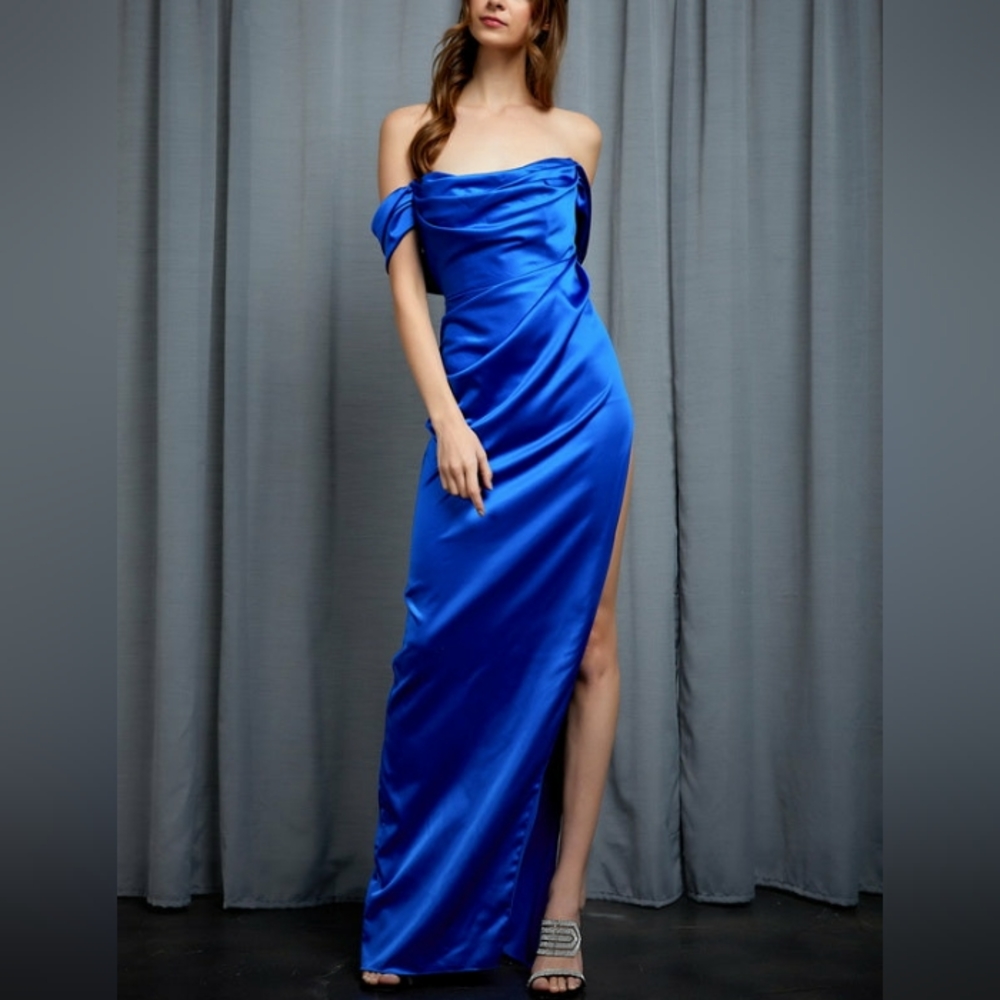 Stretch satin royal blue new long fitted off the shoulder dress